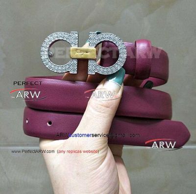 Perfect Replica Salvatoye Ferragamo Gold Link Stainless Steel Diamond Buckle Purple Leather Belt